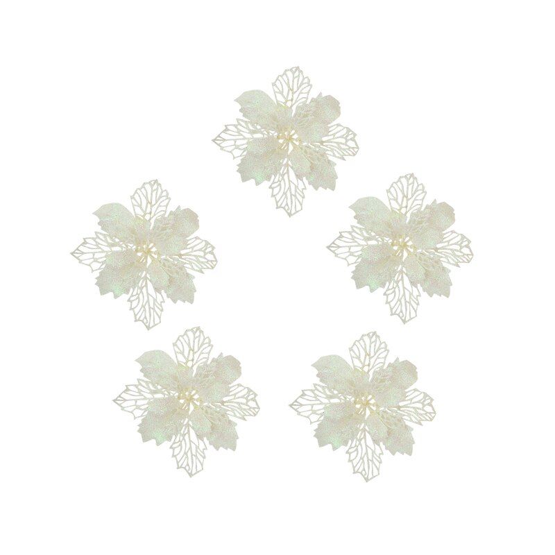 5pcs/set Merry Christmas Flower Ornt Glitter Artificial Poinsettia Flower Head for Wedding Home Party DIY Flowers Decoration