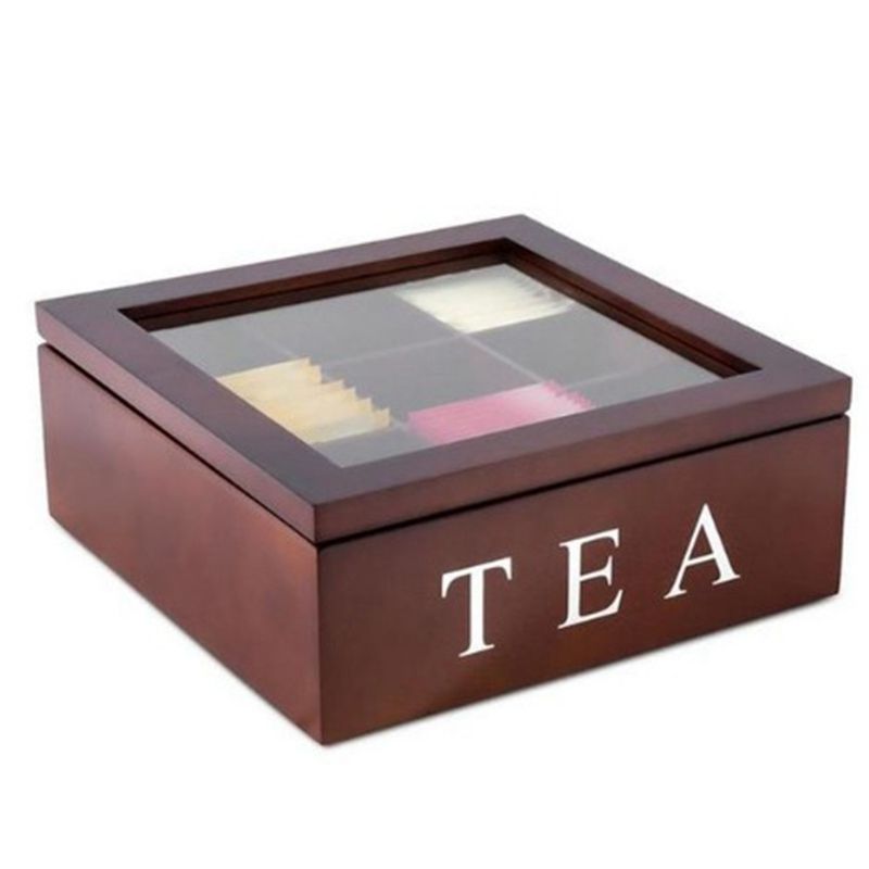 Wooden 9 Grids Tea Box Tea Bags Container Storage Box Square Gift Box Case Transparent Top Lid Jewelry Storage Box-Red  color