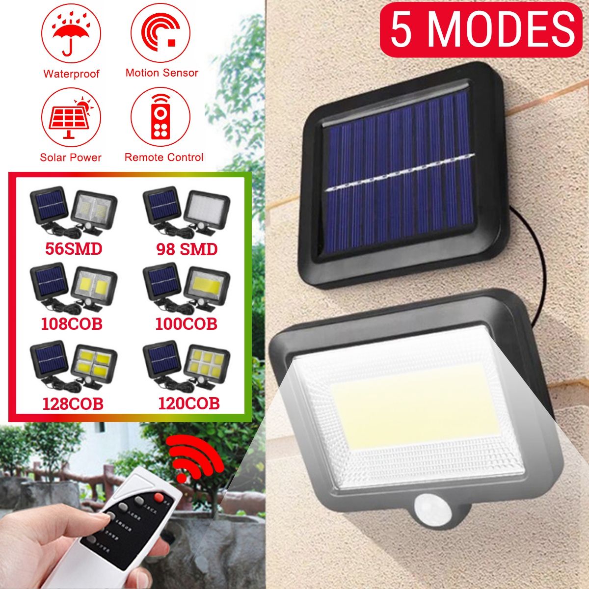 56/98/100/108/120/128 LED Solar Wall Light Motion Sensor IP65 5 Modes