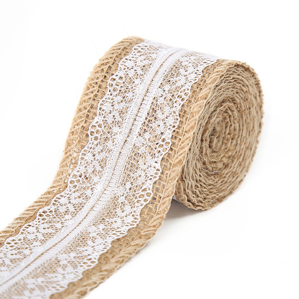 Yfashion Jute Cloth Roll with White Lace Craft for e Decoration Packaging 2M/Roll
