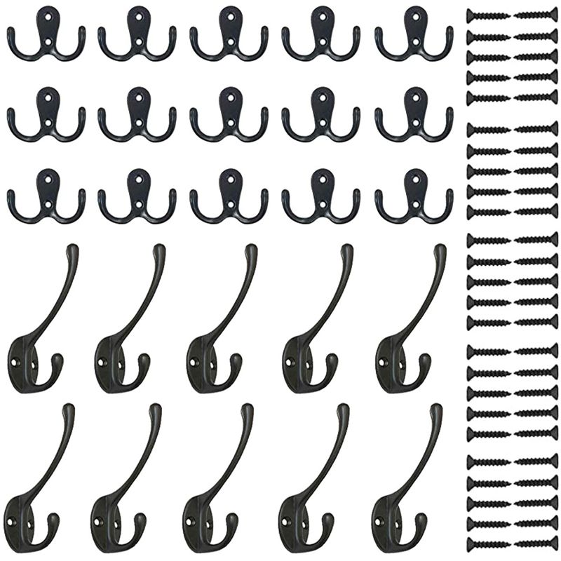 15 Pieces Double Prong Robe Hook Cloth Hanger and 10 Pieces Heavy Duty Dual Coat Hooks Wall Mounted with Screws