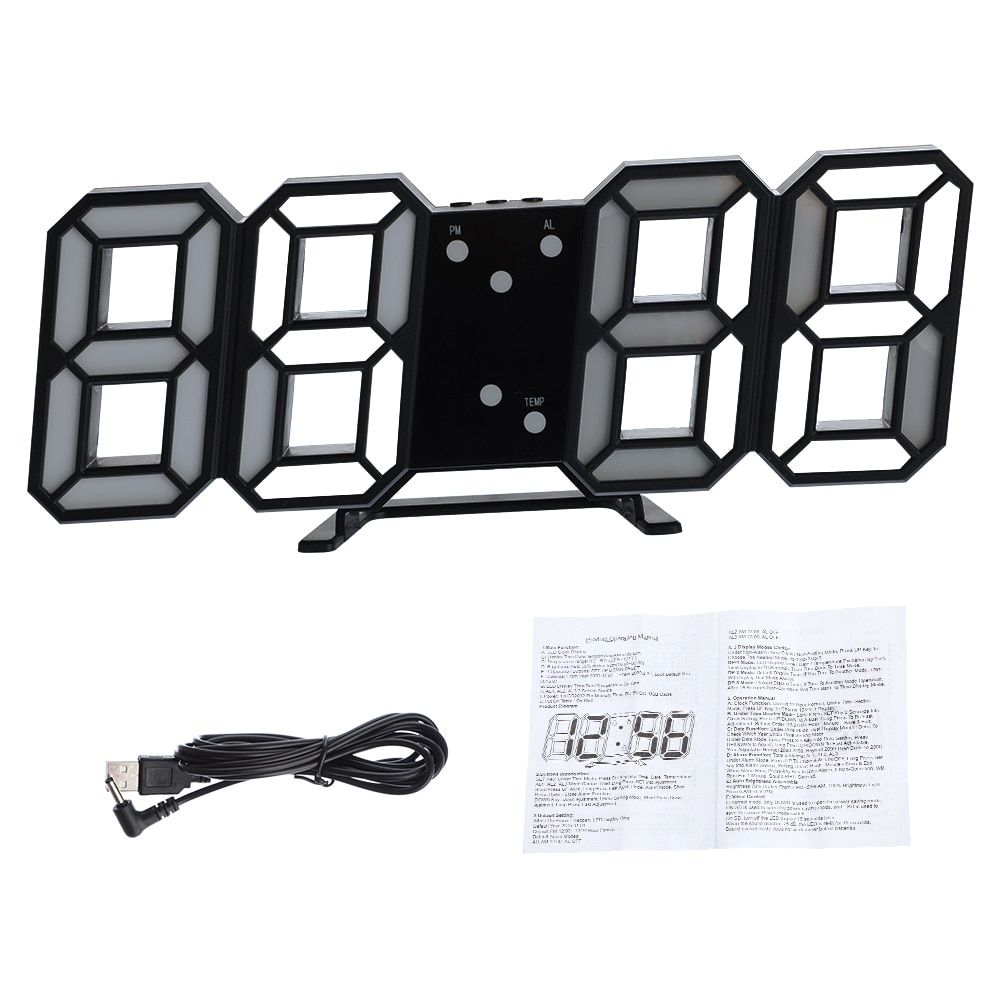 3D Digital Table Clock Wall Clock LED Nightlight Date Time Celsius Display Alarm USB Snooze Home Decoration Livingroom#91