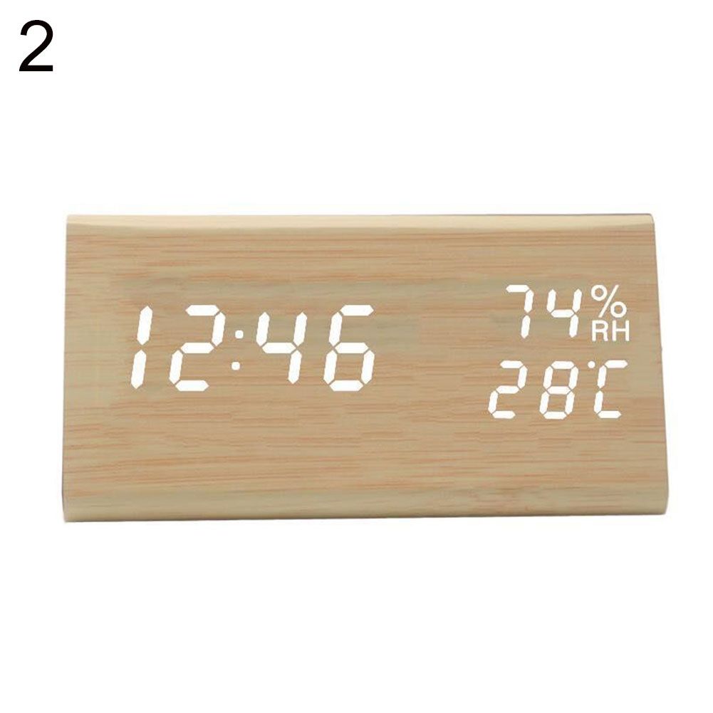 Wooden Temperature Humidity Time Display Silent Desk Digital LED Alarm Clock