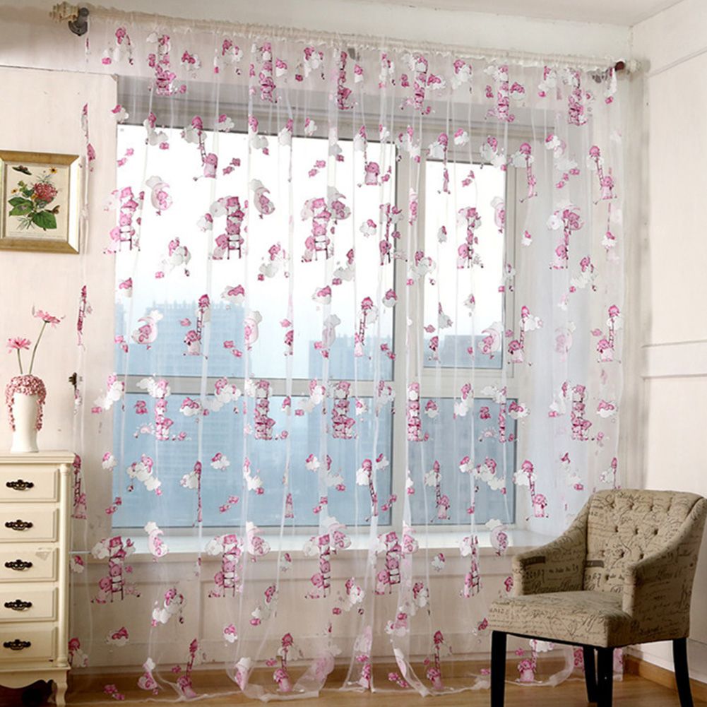 Yfashion Cartoon Bear Printing Window Curtain for Kids Room Offset Printing ulle Living Room Decor Axis Body:Penetrating