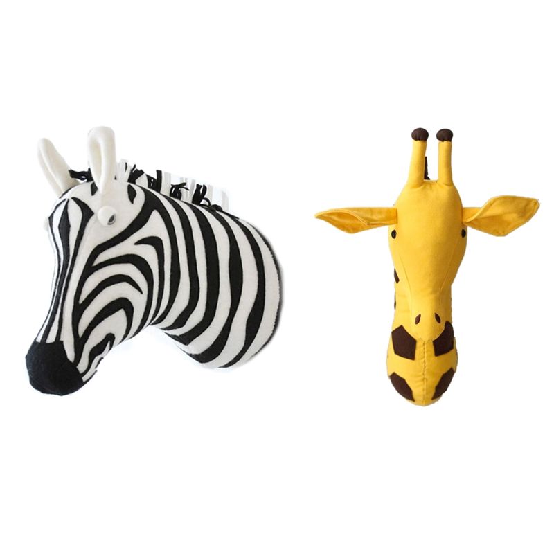 2 Pcs 3D Animal Head Wall Cute Stuffed Wall Hanging Toys Kids Room Animal Wall Sculptures, Giraffe & Zebra