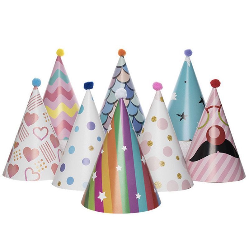 8Pcs Paper aurum Ffluid Happy Birthday Party Cone Hats for Adults and Kids Party Decoration