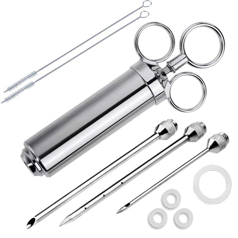 Meat Injector Syringe, 2-oz Marinade Flavor Injector 304 Stainless Steel with 3 Professional Needles,2 Cleaning Brushes and 4 Silicone O-rings