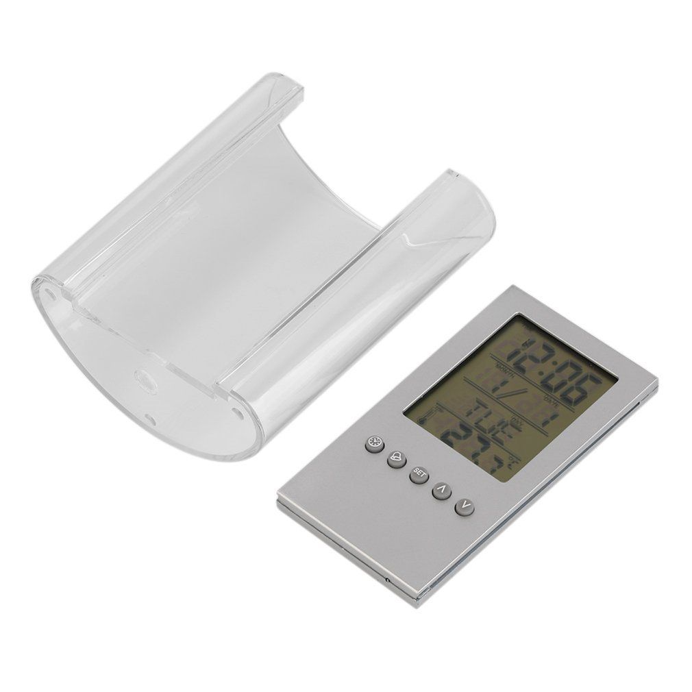 Multi-Functions Desk Pen Holder Lcd Display Alarm Clock Thermometer Calendar Grey&Transparent