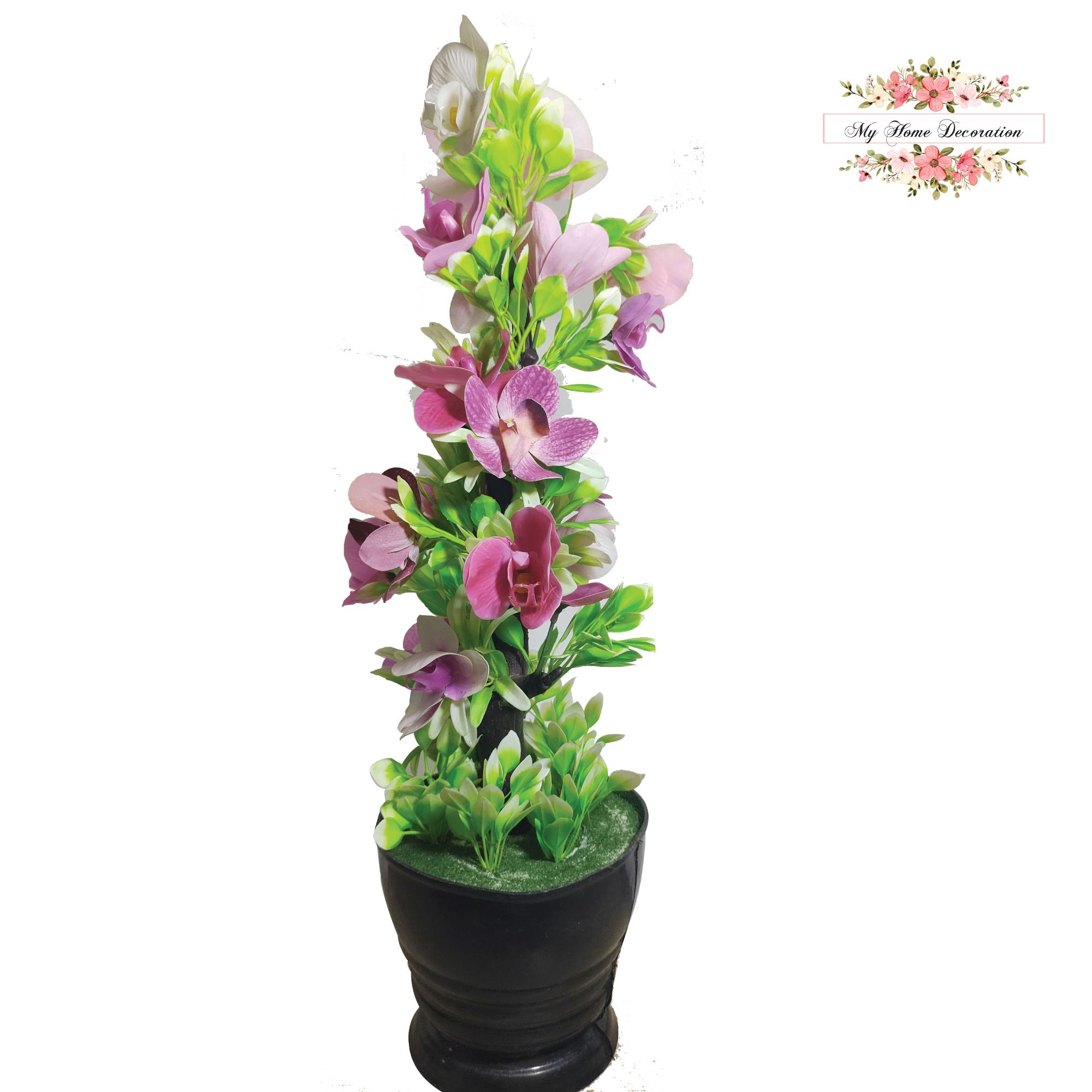 Artificial Butterfly Pink and White Orchid Fake Flower plant with Medium Pot for  Home and Table Decoration