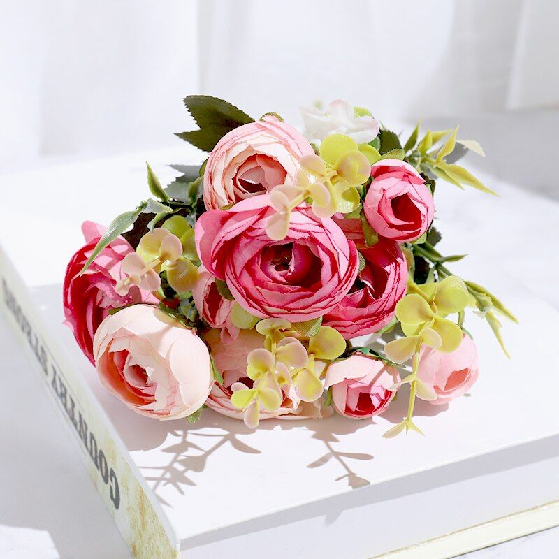 Silk Roses Artificial Flowers Bridal Small Bouquet for Home Wedding Christmas Decoration  Plastic Fake Flowers Decor