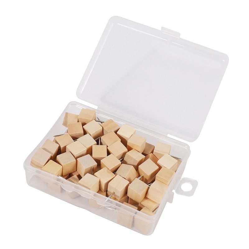 JAERBEE 60pcs Square Wood Decorative Push Pins, Wood Head and Steel Needle Point Thumb Tacks for Photos, Maps and Cork Boards
