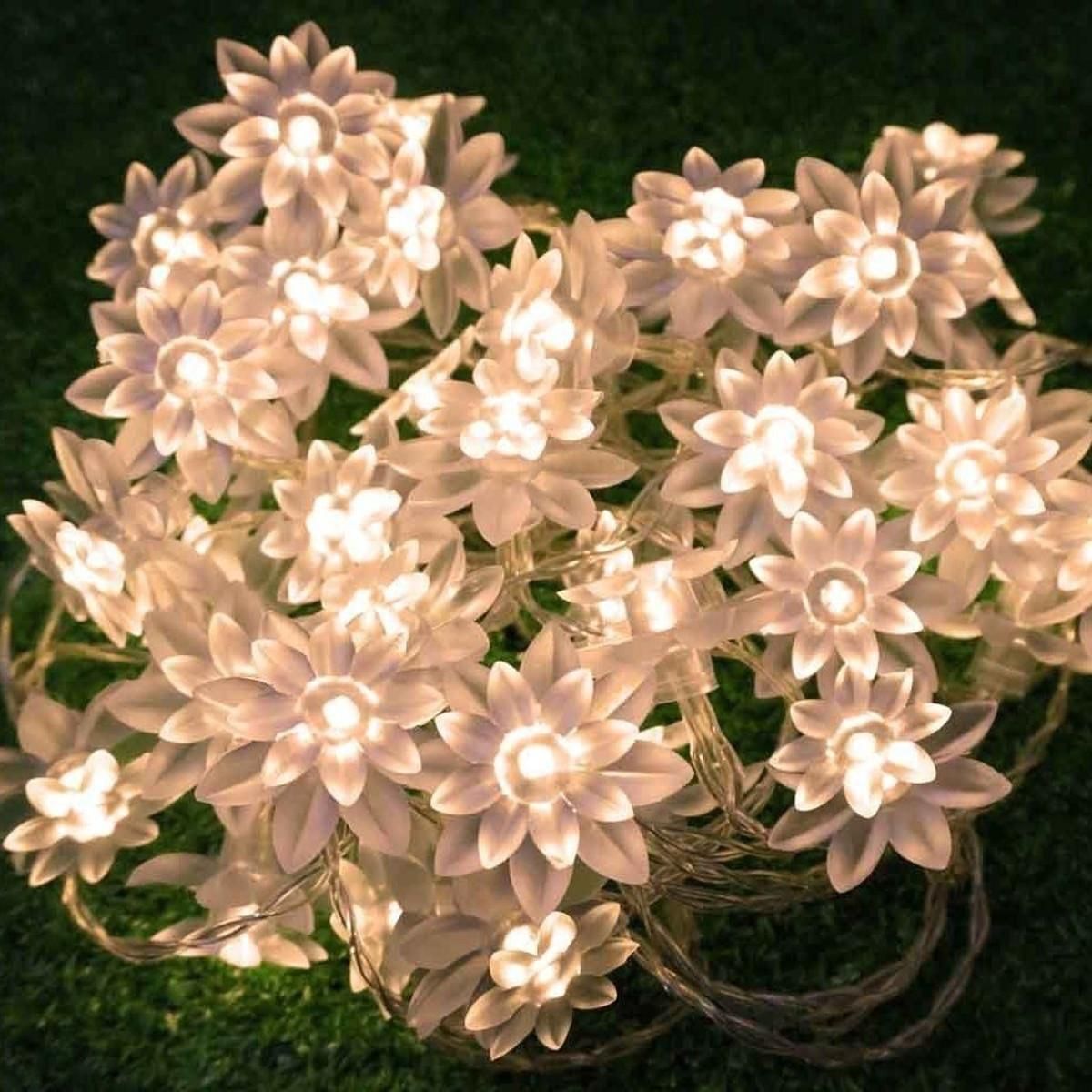 Fuloon 10M 80 LED Lotus Flower Solar Fairy Lights Outdoor Garden String Lights#Warm white