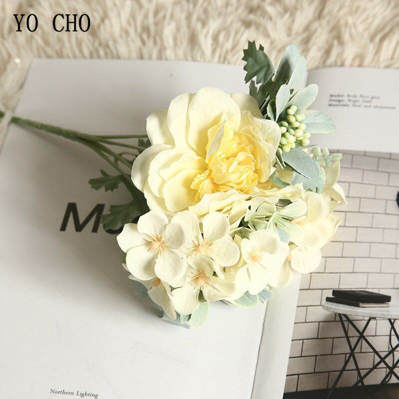YO CHO Artificial Silk Flower Rose Bouquet Fake Camellia Peony Begonia Bouquet Home Party Wedding Decoration Blue Flower Bundle