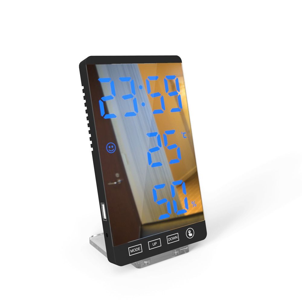 6 Inch LED Mirror Alarm Clock Touch Button Wall Digital Clock Time Temperature Humidity Display USB Output Port Table Clock