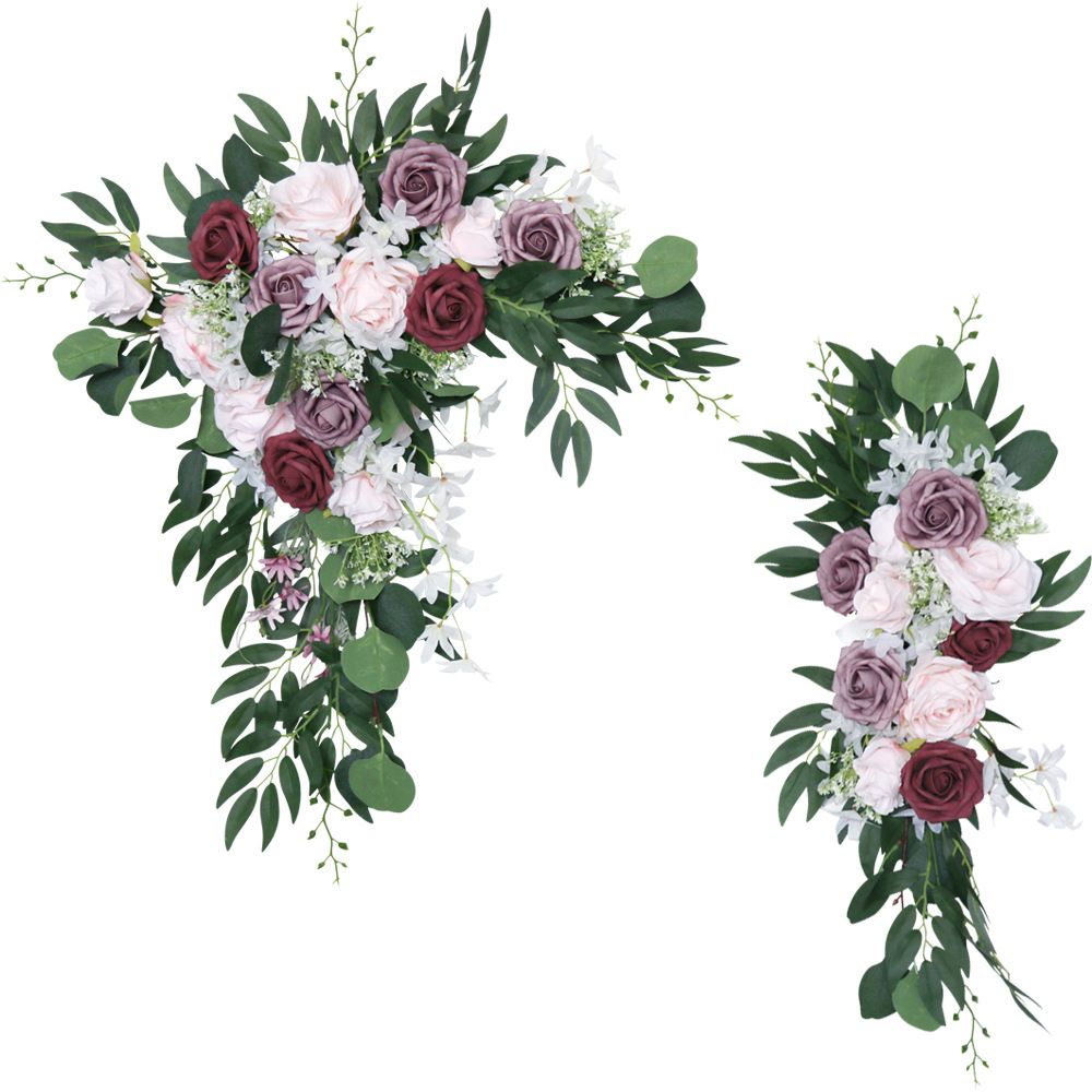 2Pcs Artificial Flowers Pink Wedding Backdrop Wreath Decor Welcome Card Sign Corner Wall Props Arrange
