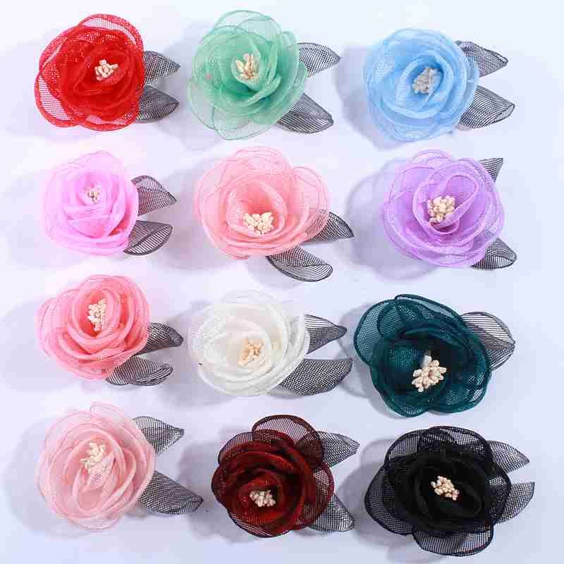 5PCS 5CM  Burned Satin Fabric Flowers With Stamen For Dress Cloth Decoration Artificial Flower With Leaf For Wedding