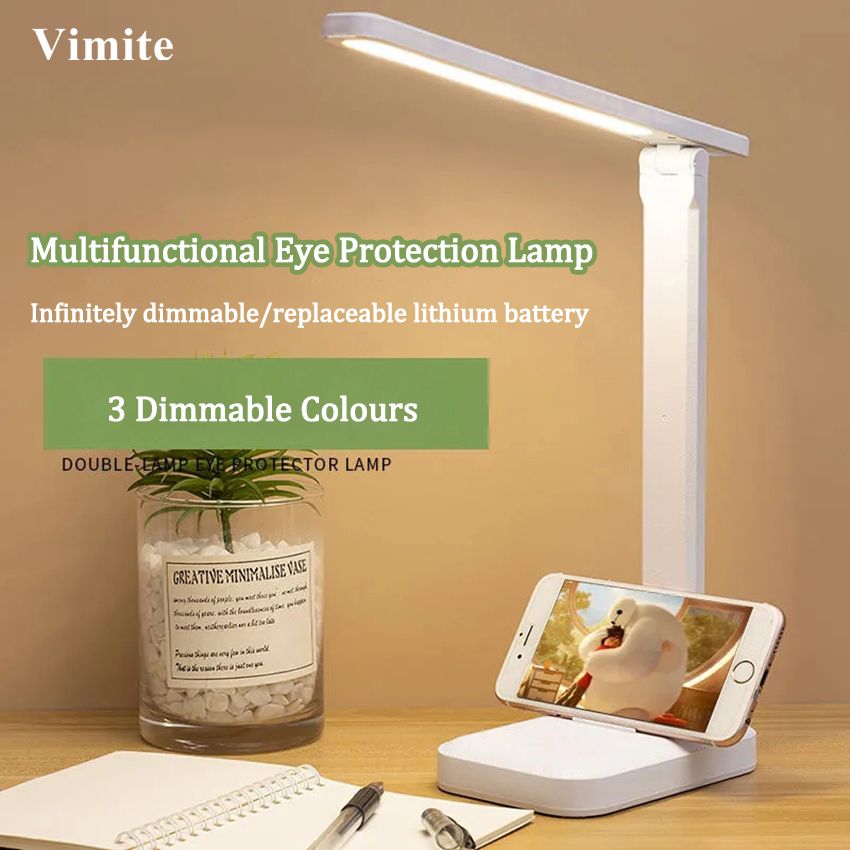 Vimite LED Desk Lamp Folding Eye Protection Reading Learning Rechargeable Folding Rotating 180 ° Touch Switch Hose Lamp for Student Dormitory Bedside Table