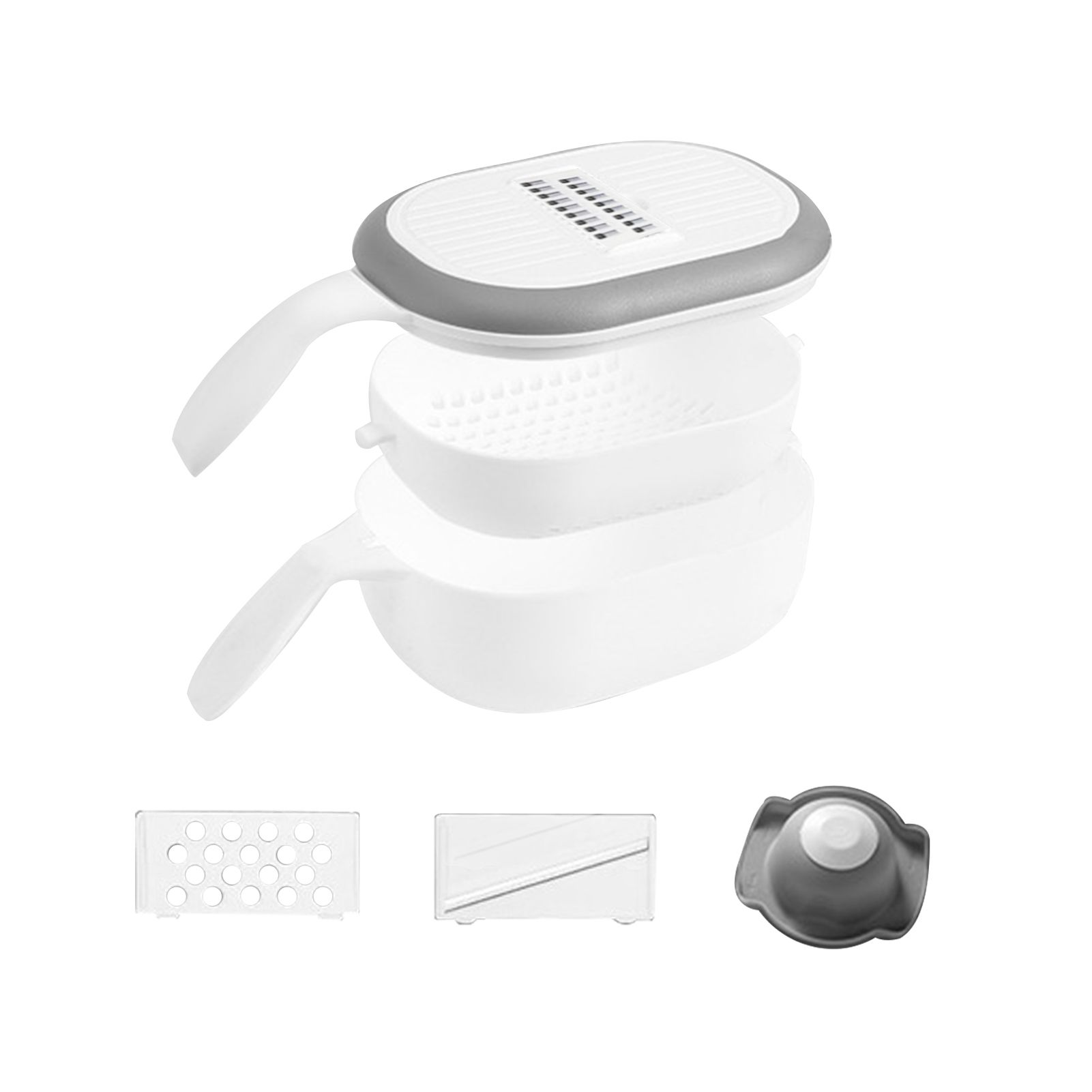 3-in-1 Multifunctional Vegetable Slicer with Rotatable Drain Basket & Storage Container Filament Slice Flower Slice Grinding Garlic Egg Yolk Separation Vegetables Cutter and Chopper with Hand Guard Potato Carrot Cucumber Shredder
