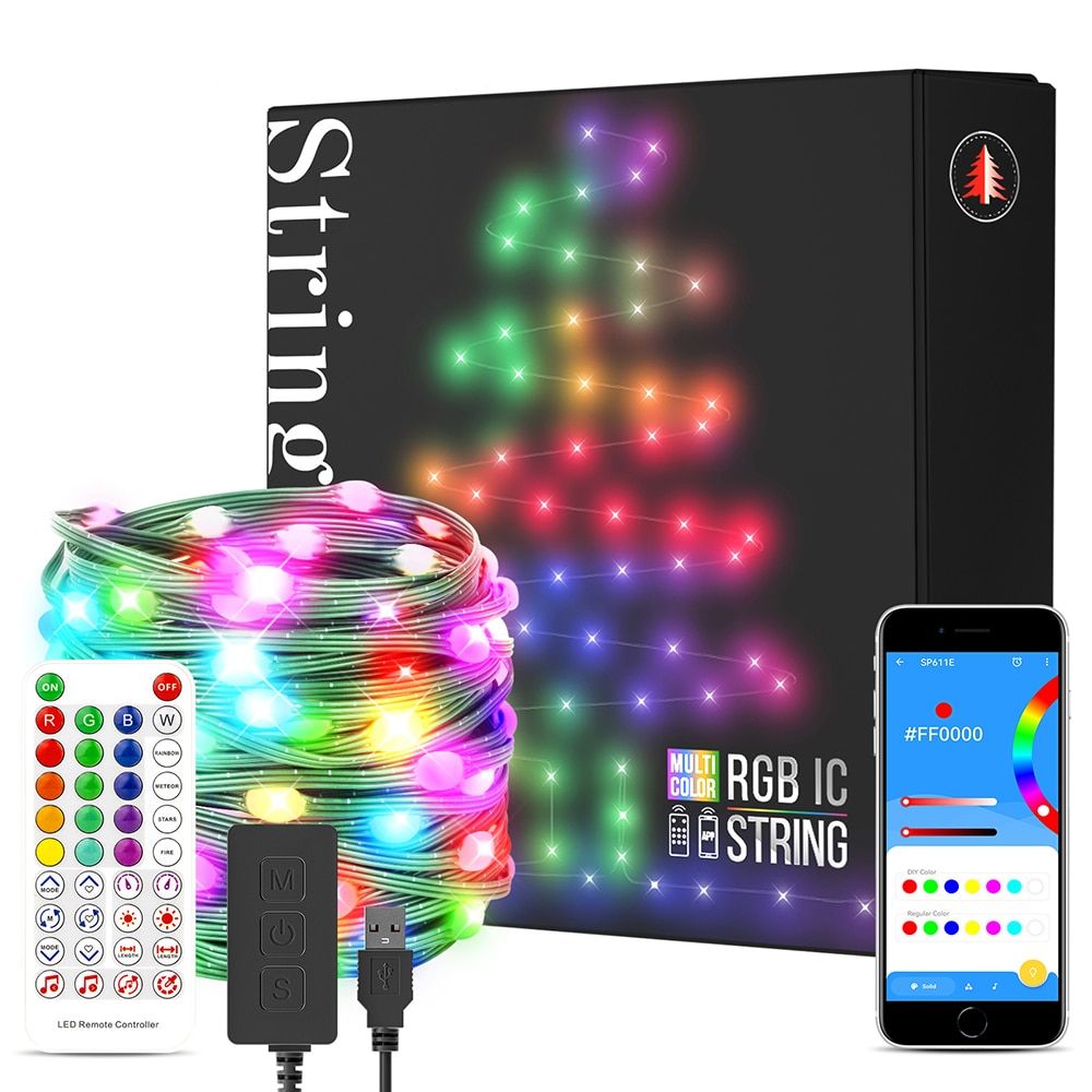 WS2812B Christmas Lights String RGBIC Lighting Addressable Individually Christmas Dream Color Decoration LED Module USB Power 5V--Black Wire Kit--5 Meters