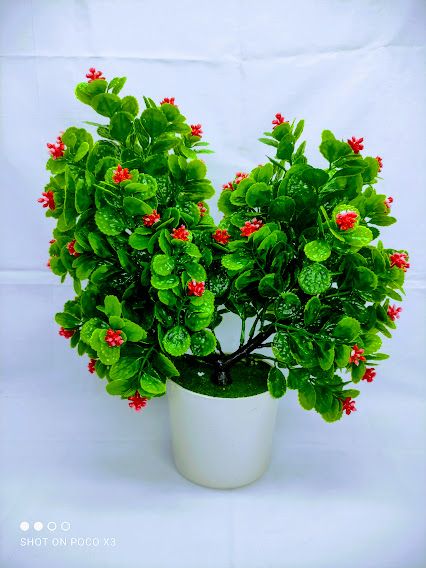 Artificial Double Head Pudina Plant With Flower In Plastic Tob 10Inc/26Cm - Home Decoration Item