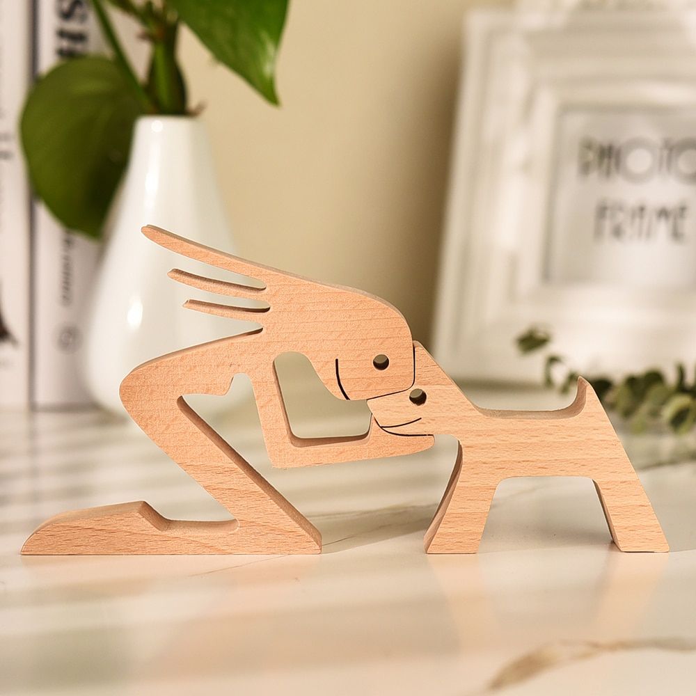 Family Puppy Wood Craft Figurine Desktop Table Ornament Carving Model Creative Home Office Decoration Love Pet Sculpture