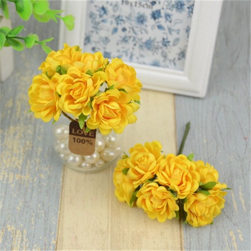 6pcs/lot Mini Silk Artificial Rose Flowers Bouquet For Home Wedding Decoration Gift Box Craft DIY Scrapbooking Fake Flower Ball