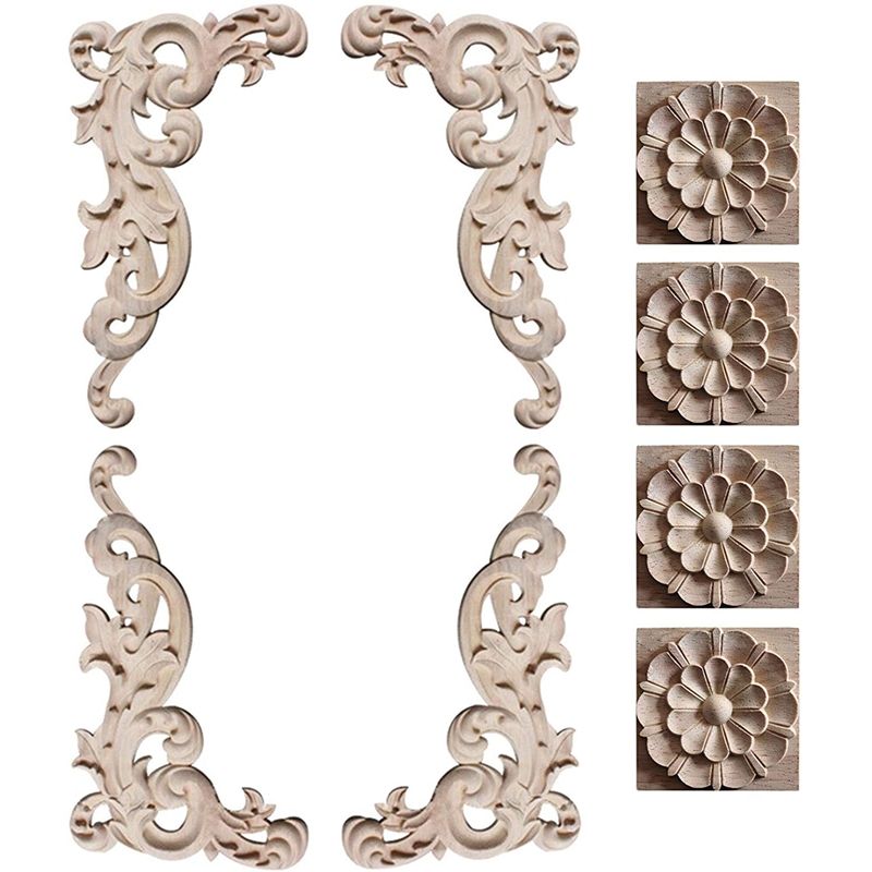 European Style Wood Carved Decal Corner Onlay Applique Furniture Decorations Unpainted Flower Decal for Furniture Dec.