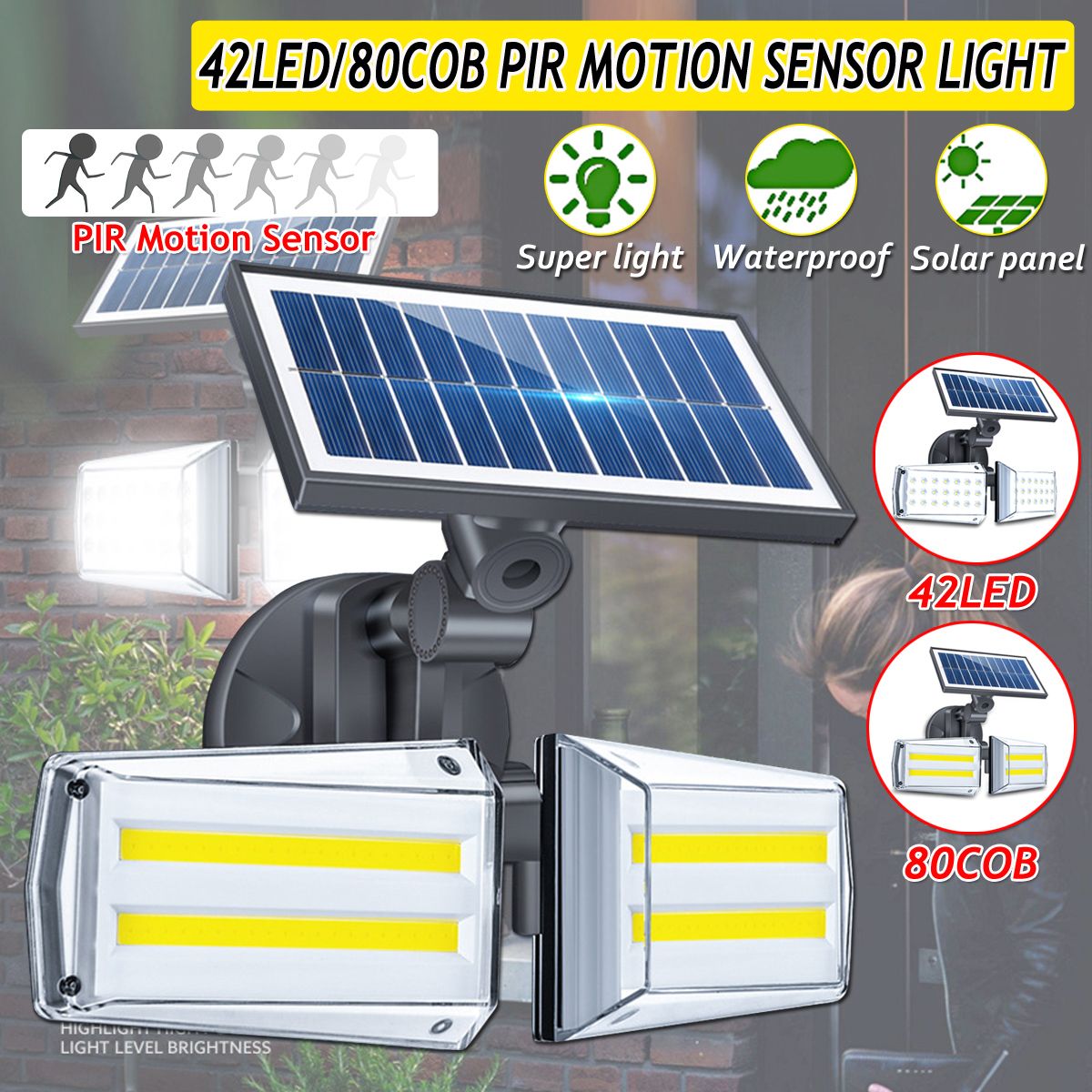 Light up life 80COB / 42Led Solar Wall Lamp Motion Sensor Light Waterproof Double head rotatable Garden Light Solar Lamps Powered Sunlight