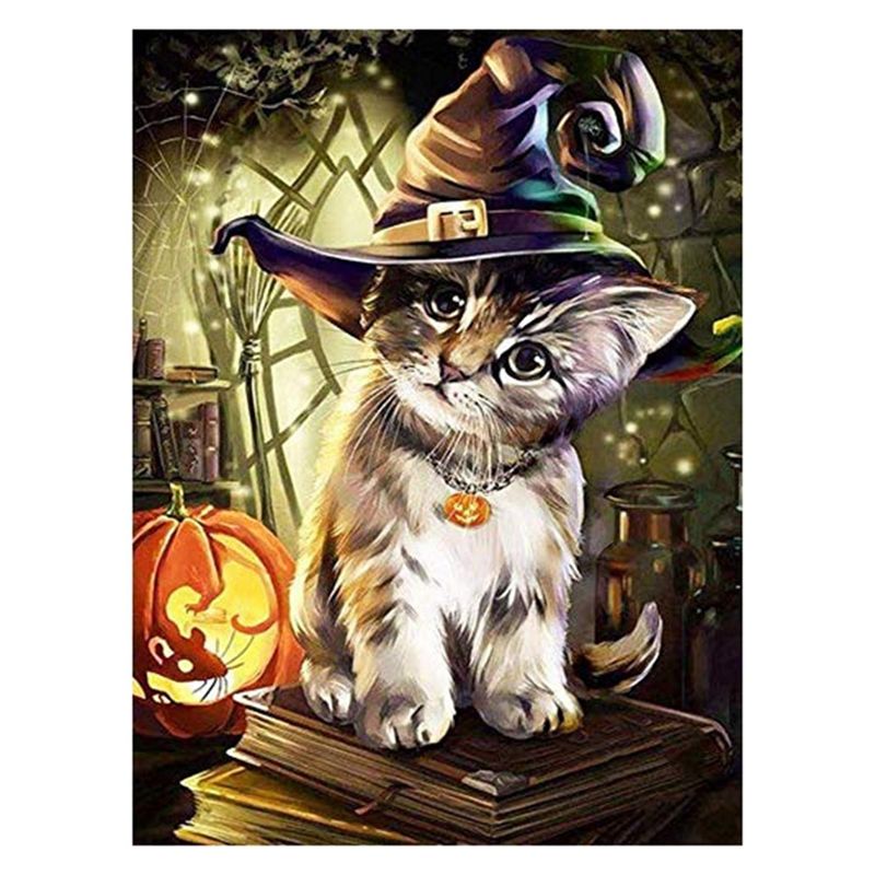 5D DIY Diamond Painting Kit, Full Drill Arts Craft Canvas Supply for Home Wall Decor Adults and Kids - Halloween Cat , 5d diamond painting
