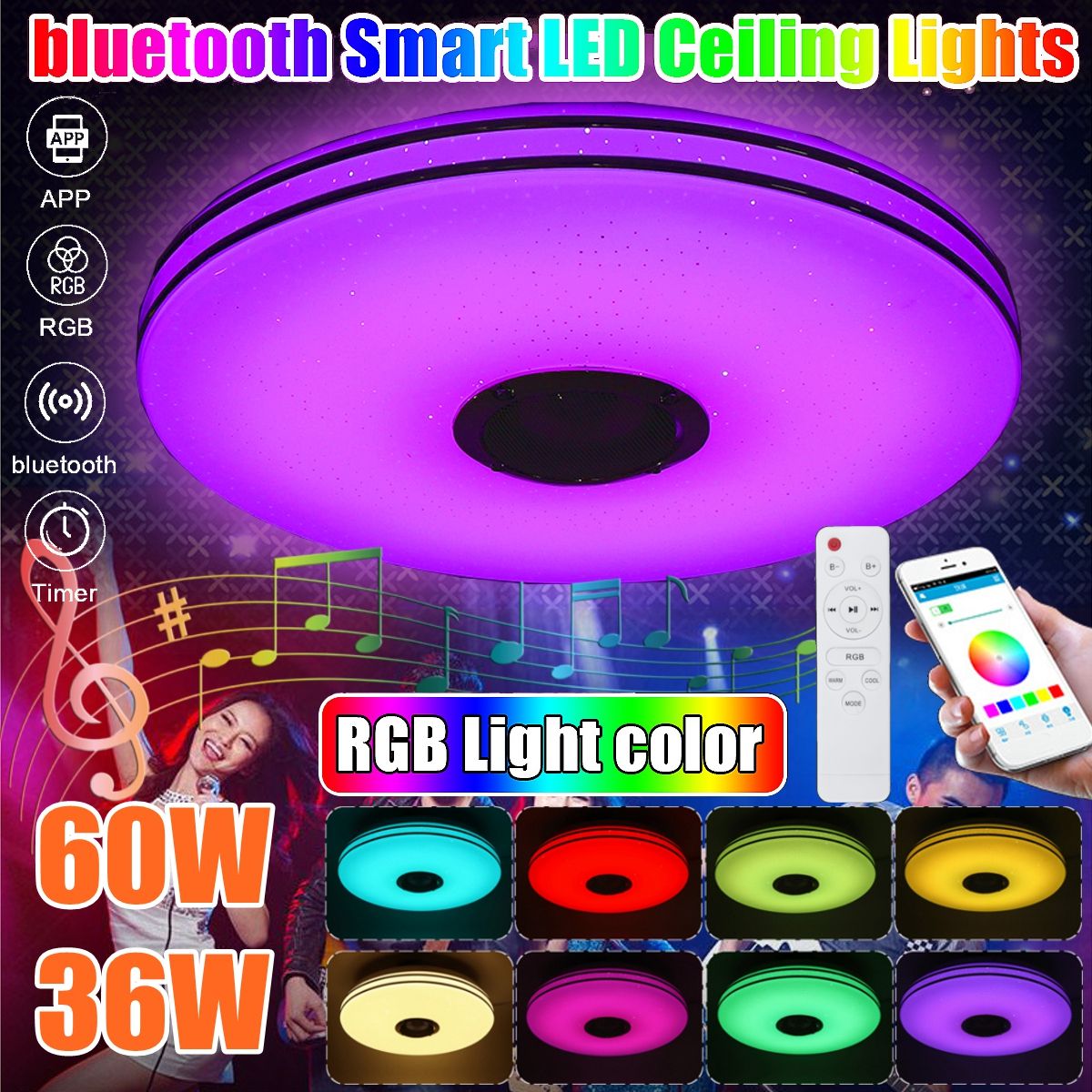 36W/60W 33CM Modern LED Music Ceiling Light RGB bluetooth Speaker Lamp with Remote Control