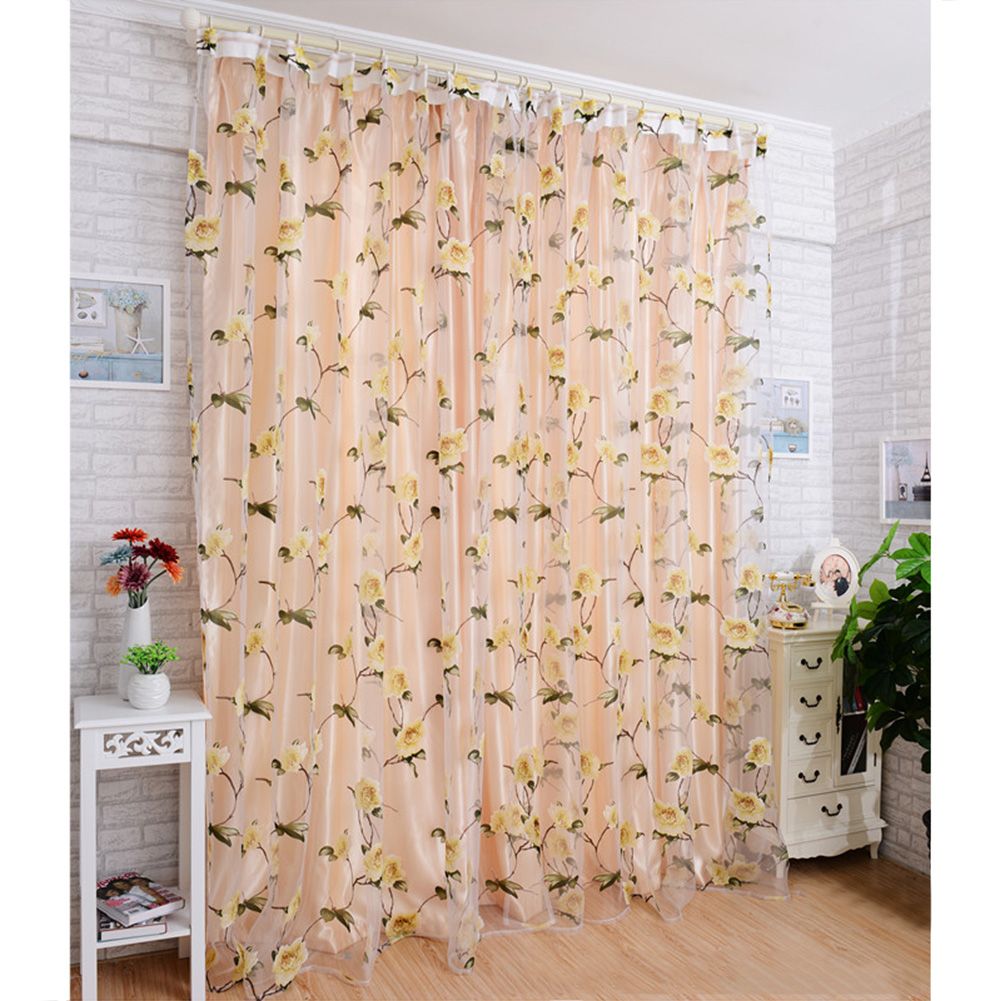 Yfashion Floral Printing ulle Window Curtain for Living Room Bedroom Balcony Drapes Decor Axis Body:pole