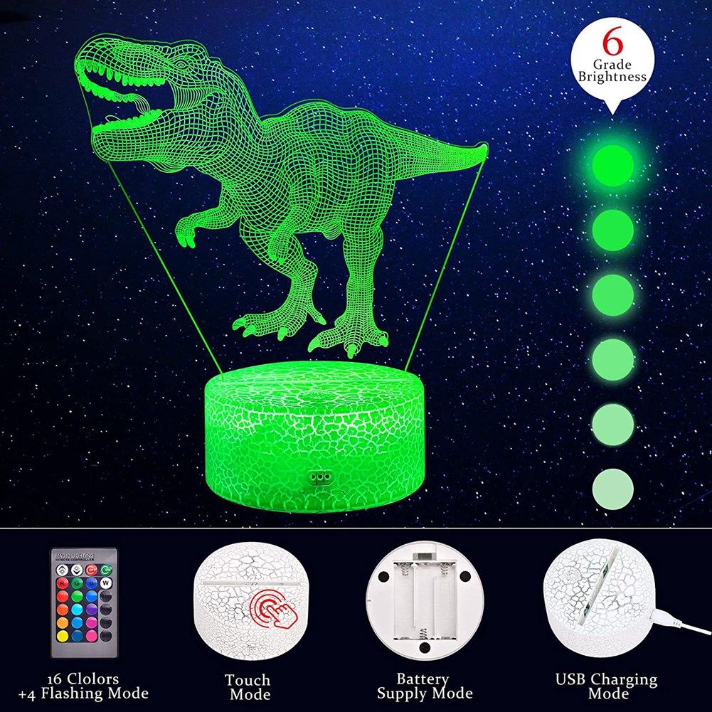 3D Night Light for Kids with Remote & Smart Press T Rex Bedside Lamp