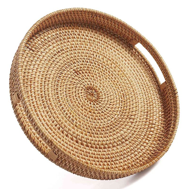 Round Rattan Serving Tray Decorative for Coffee Table Natural(Small)