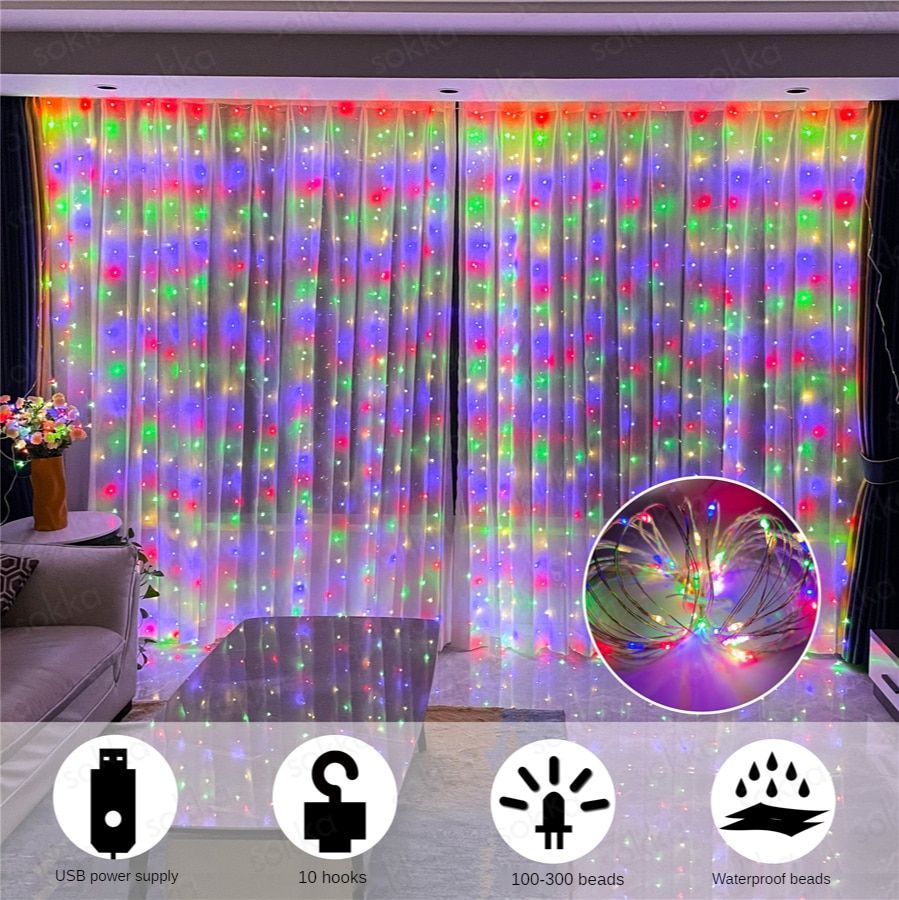 5V USB Copper Led String Lights With Hook 6W Christmas Fairy Lights Room Curtain Decor Wedding New Year Garden Party Decoration--Cold White--3x6m music control