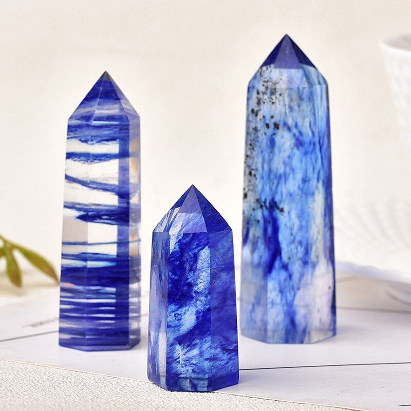 1PC Natural Blue Melting Crystal Point Hexagonal Artificial Crystal Pillar Mineral Jewelry Magic Repair Healing Home Decoration