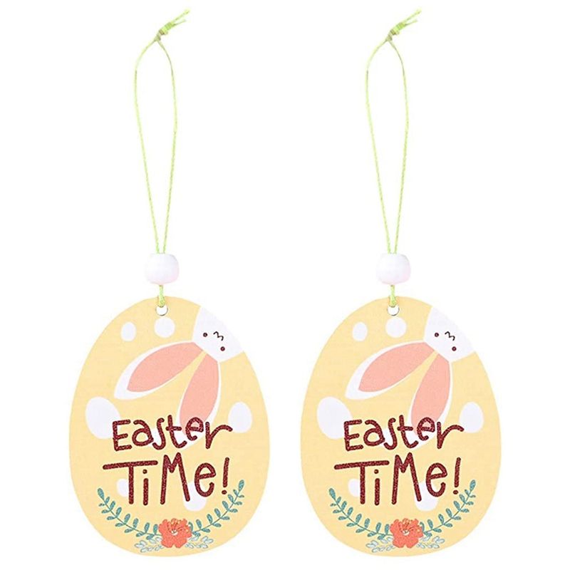 2 Pcs Wooden Easter Hanging Ornaments Egg Shaped Bunny Wood Slices Gift Tags Pendant Craft for Home Party Decorations, C