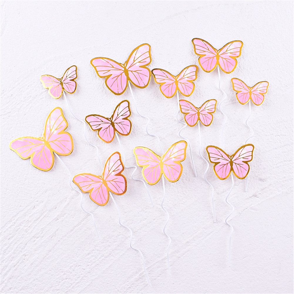 GC 11pcs Cake Decorative Oranment Plug-in Paper Bronzing Butterfly Flag size:Pink
