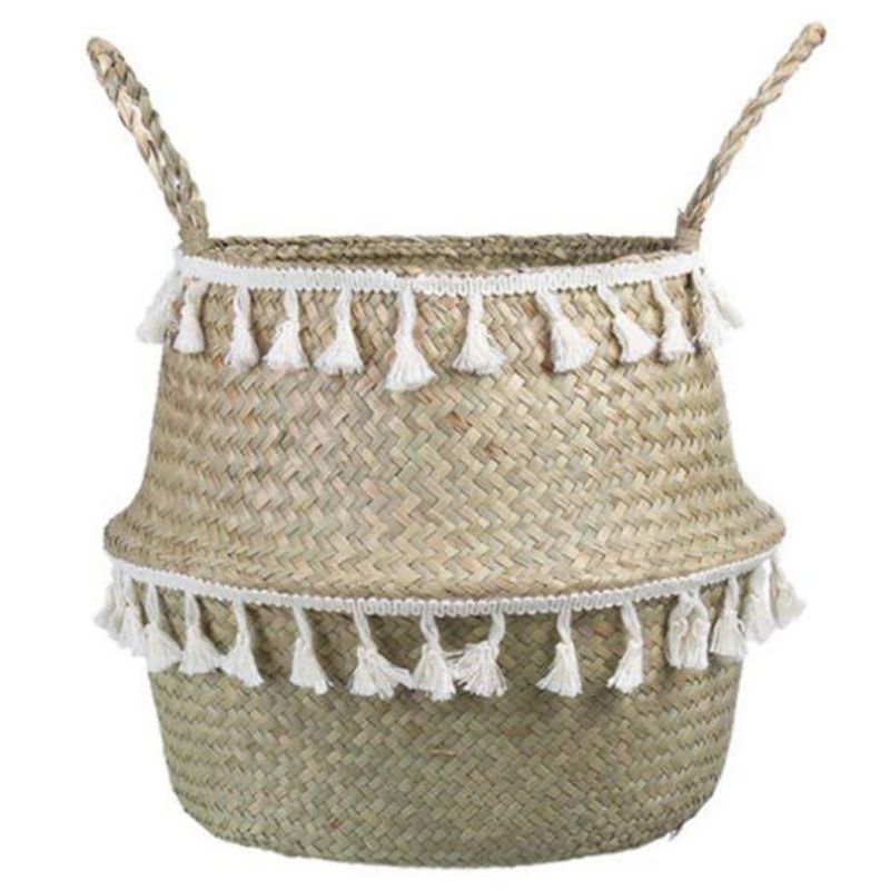 Handmade Bamboo Tassel Storage Basket Seaweed Basket Garden Flower Pot Laundry Basket Container Toy Rack-M