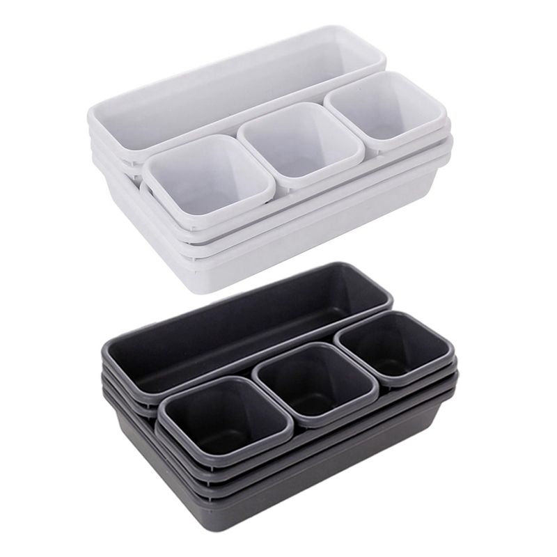 2Set Organizer Box Trays Storage Bathroom Closet Desk Box Drawer Organization Tray Cutlery Stationery White & Black