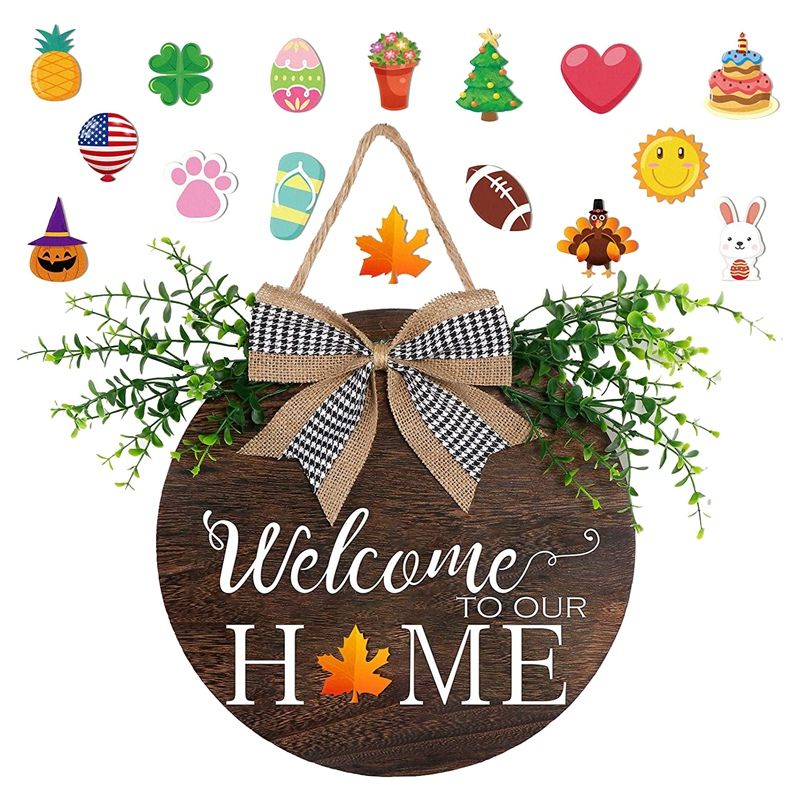 JAERBEE Interchangeable Seasonal Welcome Sign Front Door Decor Wood with Buffalo Plaid Bow for Housewarming Gifts Fall Halloween