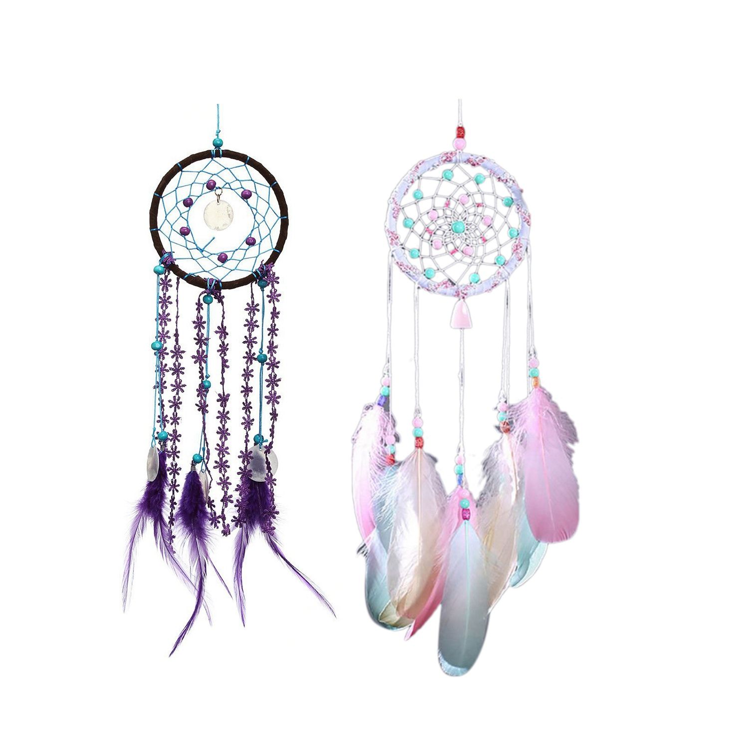 Individual 2Pcs Dream Catcher Campanula with Feather Fashion Car Wall Hanging Decoration Ornament Crafts Purple & Color