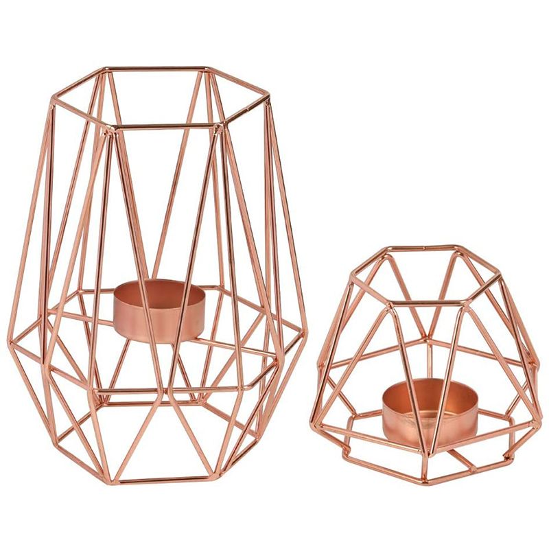 Durable Tealight Candle Holders, 2 Pack Rose Gold Geometric Candle Holders for Living Room, Tables Decor