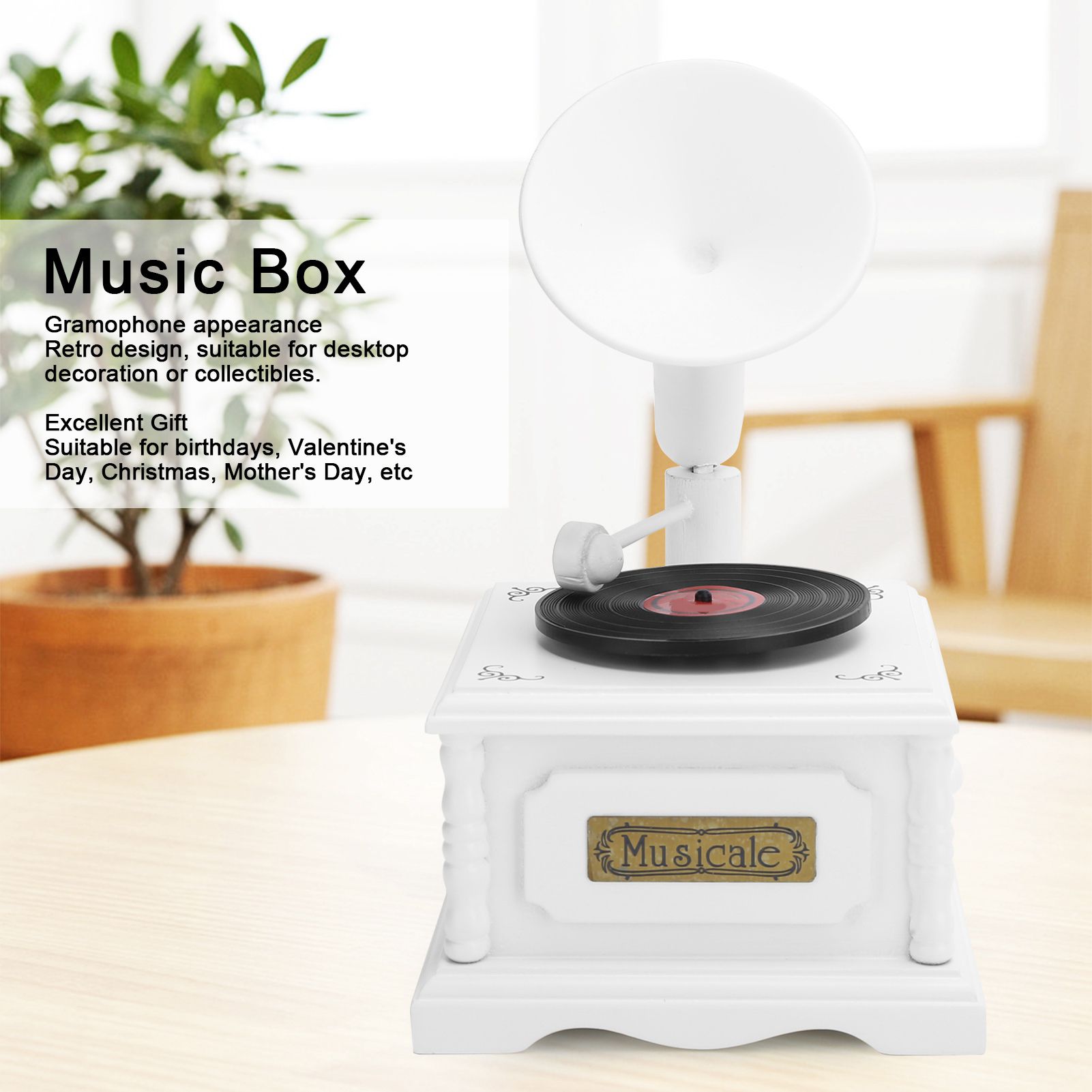 Phonograph Music Box Vintage Wooden Clockwork Musical Handicraft Gift Ornament