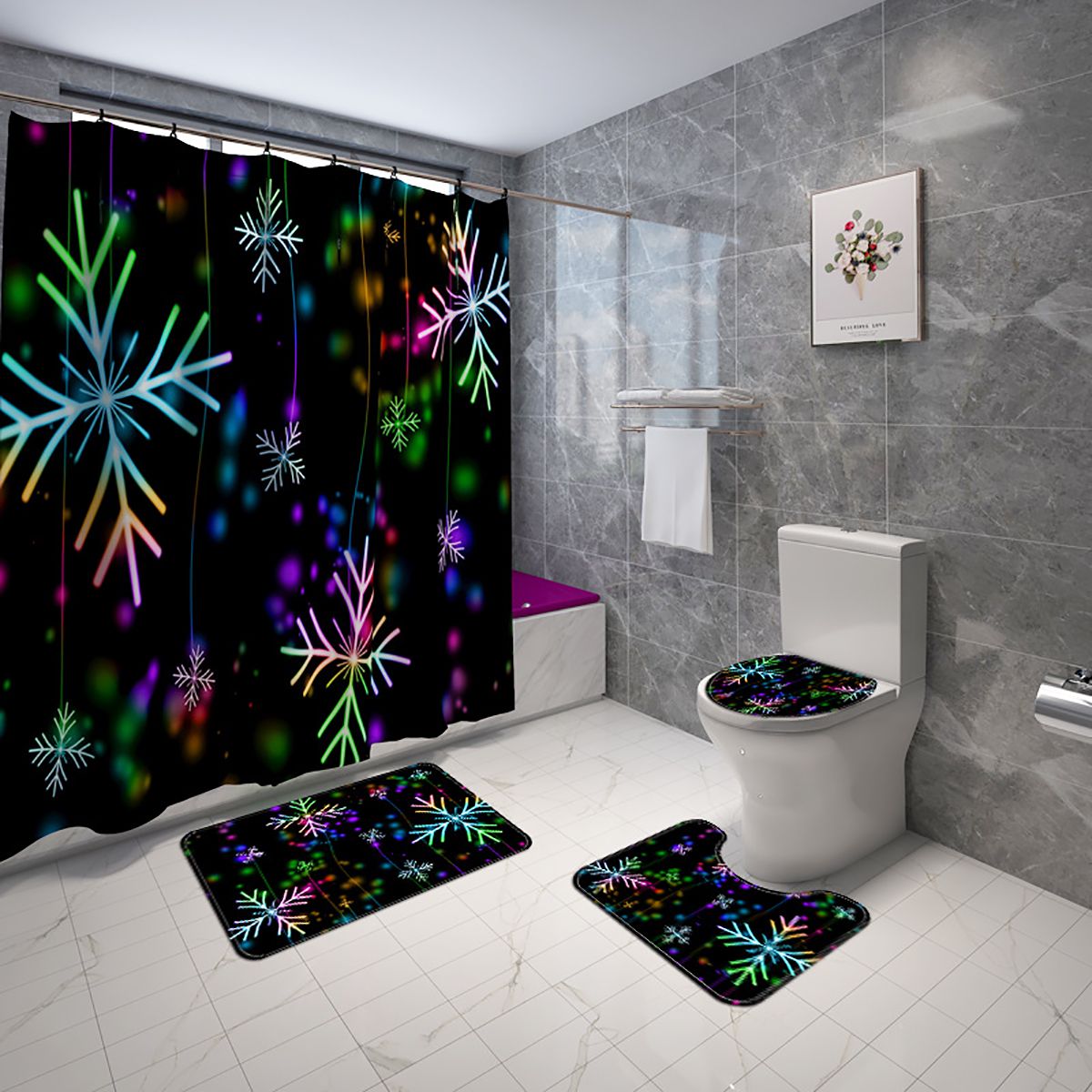 Durable 3PCS Christmas Bathroom Shower Curtain Mat Lid Toilet Cover Bath Floor Rug Non