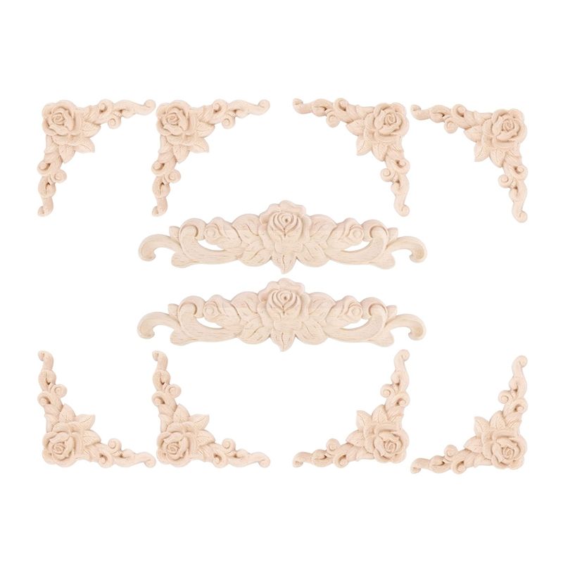 10 Pcs Wood Carved Wall Decor Floral Wood Carved Applique Corner Decorative for Furniture Door Cabinet Bed Decorations