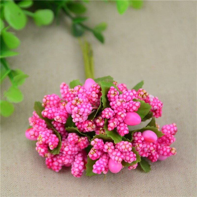 12PCS/lot Pe Mini Mulberry Party Artificial Flower Stamen Wire Stem Marriage Leaves Small Stamen Wedding Box Decoration Supplies