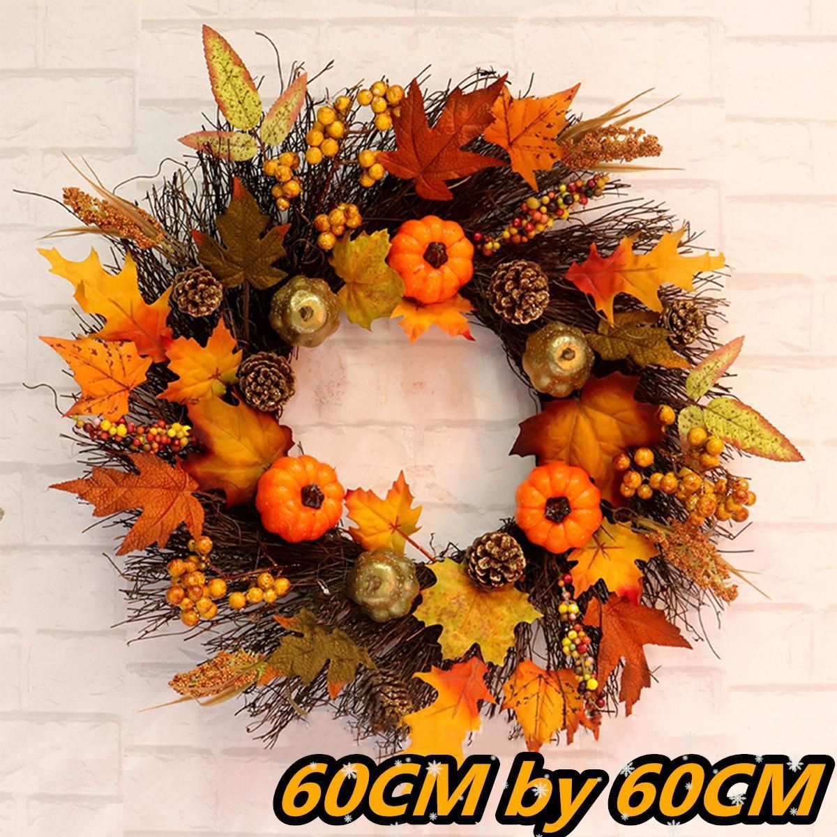 60cm Christmas Maple Leaves Pumpkin Vine Wreath Garland Door Hanging Decoration