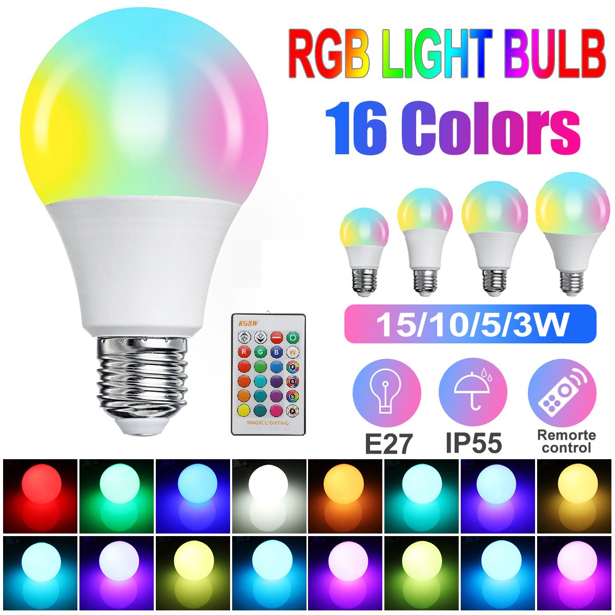 3/5/10/15W RGB 16Colors IP55 Waterproof LED Light Bulb Dimmable Smart Control Multicolor Changing Lights With 24Keys Remote Control