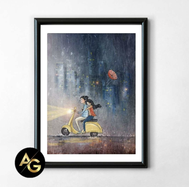 Vespa With Couple Poster With Wall Frame - Photo Frame