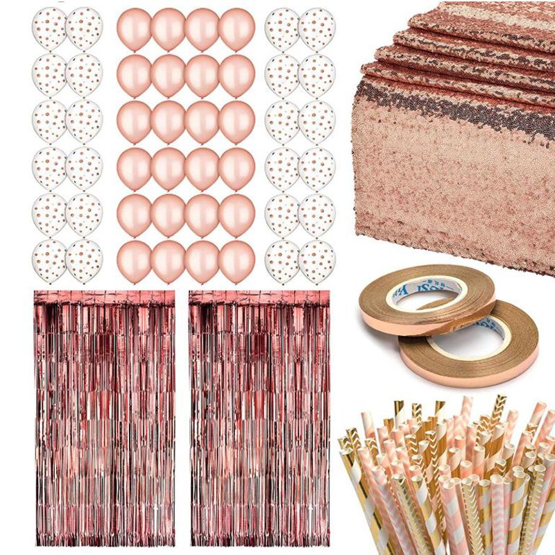 Delicate product Rose Gold Party Decoration,Rose Gold Decoration Including Rose Gold Balloons (48) Rose Gold Tassel Curtains (2) Rose Gold Tablecloths Paper Straws (100), Rose Gold Ribbons (2)